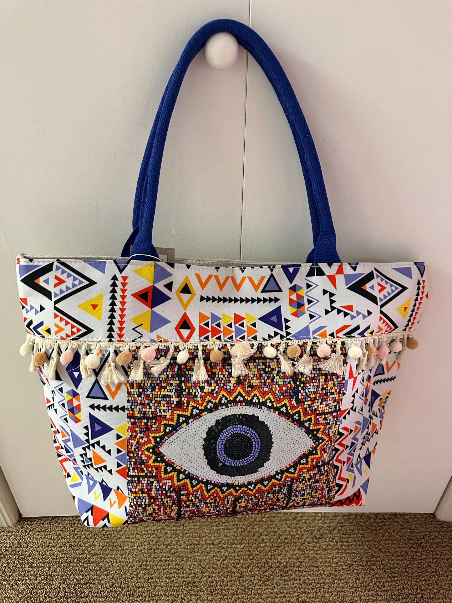 Evil Eye Boho Print Pom Pom Tassel Tote Bag