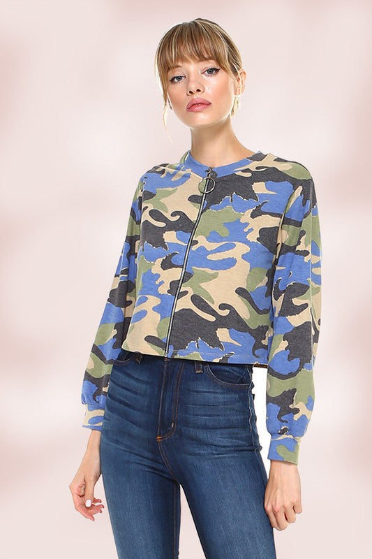 Zipper Jacket Top with Camouflage Top