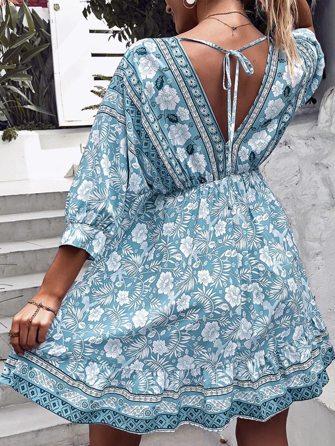 Printed Tie-Back V-Neck Dress