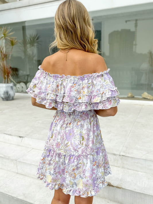 Floral Frill Trim Layered Off-Shoulder Dress