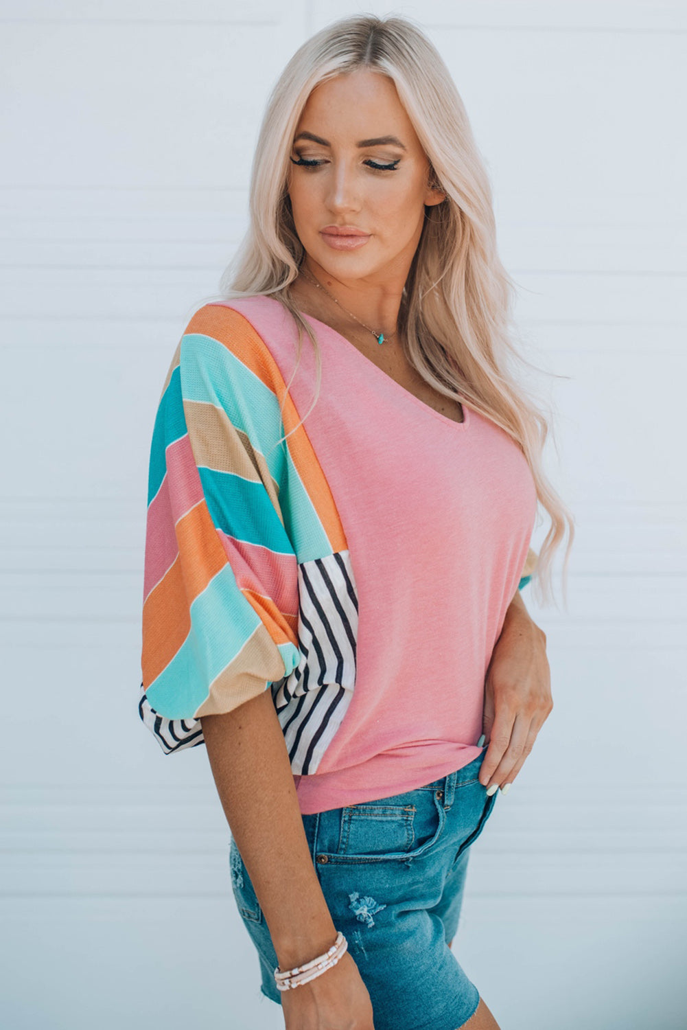 Striped Dolman Sleeve V-Neck Top